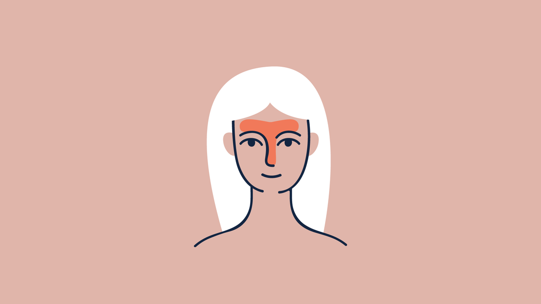 Ilustración de una mujer sobre un fondo rosa, con la "zona T" facial marcada en naranja